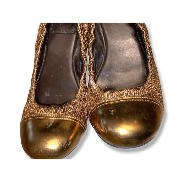 Tory Burch Anne Marie Leather Quilted Metallic Ballet Flats Bronze Size 7 - Picture 2 of 8